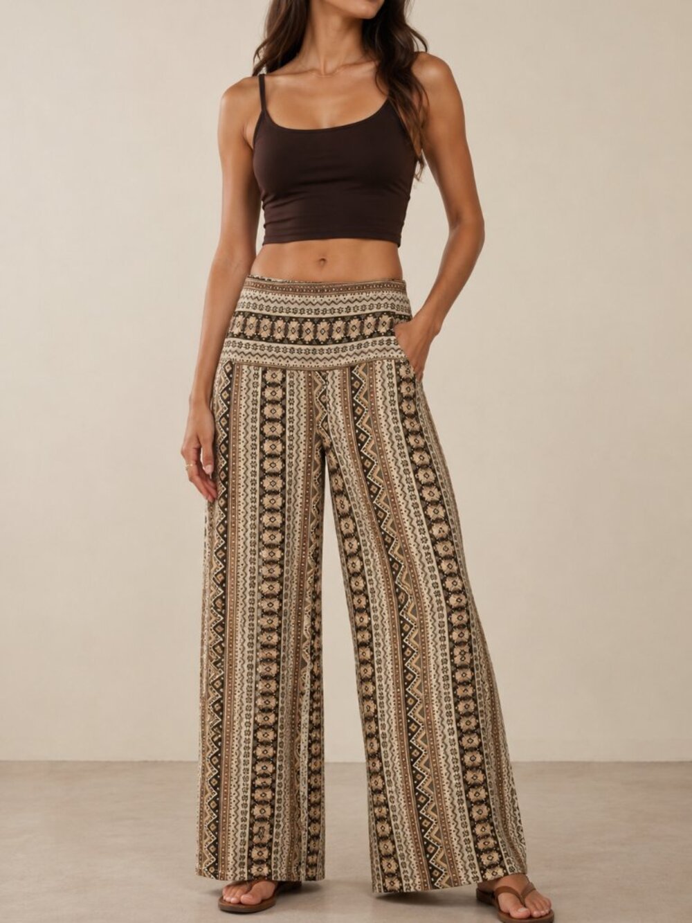 shosho Cream & Brown Boho-Stripe Wide Leg Pants